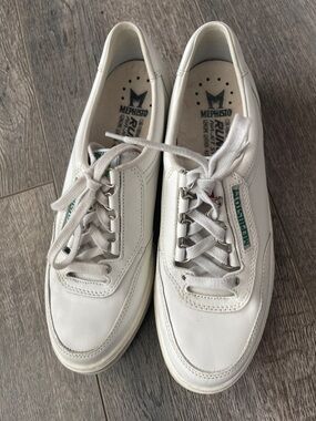 Mephisto White Leather Sneakers with Green Logo Detail